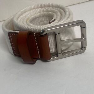 Lacoste White Woven Canvas Belt Leather Trim Silver Buckle Size 40